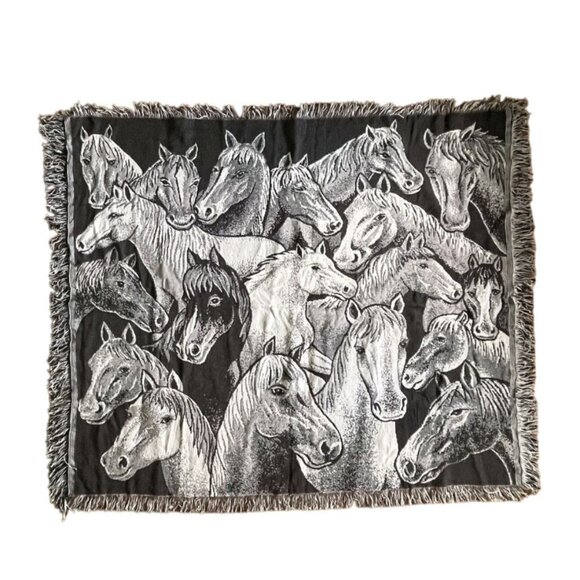 Vintage Horse Head Tapestry Cotton Throw Blanket 56" X 46" Brown & White Made In - Picture 1 of 7